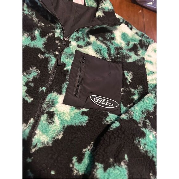 No Fear x H&M Women Jacket Green Tie Dye Sherpa Full Zip Logo Oversized Sz M - Picture 5 of 9